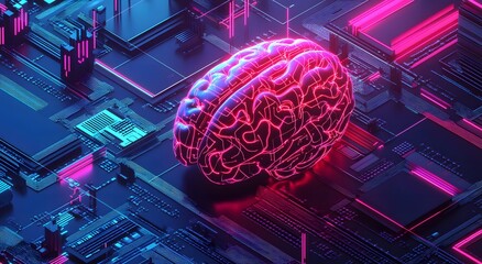 Poster - A digital brain made of bright neon pink and blue circuitry, surrounded by an array of tiny red lights that represent data flowing through a neural network. A futuristic highlights the technology.