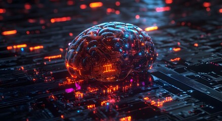 Poster - A digital brain made of bright neon pink and blue circuitry, surrounded by an array of tiny red lights that represent data flowing through a neural network. A futuristic highlights the technology.