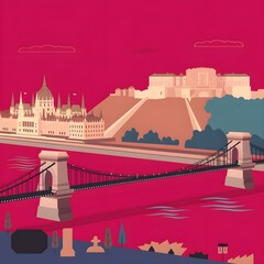 Wall Mural - Geometric representation of the Budapest cityscape with the Chain Bridge spanning the Danube River. 