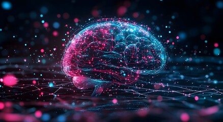 Poster - A digital brain made of bright neon pink and blue circuitry, surrounded by an array of tiny red lights that represent data flowing through a neural network. A futuristic highlights the technology.