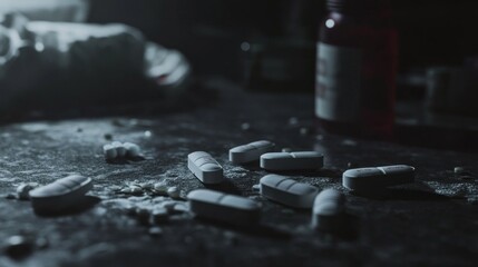 Poster - A pile of white pills on a table