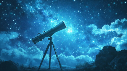 Wall Mural - Astronomy concept with a telescope pointed toward a starry sky, galaxies visible in the distance, and a wide area for text.