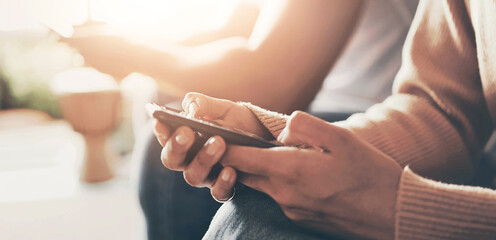 Poster - Hands, phone and social media with couple in living room of home for communication or search closeup. App, networking and text message with people in apartment together for internet browsing