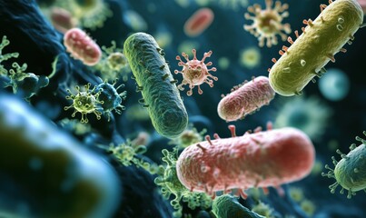 Poster - Microorganisms, bacteria, viruses, colorful microscopic view, scientific illustration