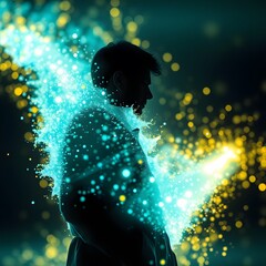 Poster - A Vigorously Animated Man Disappearing into Glowing Particles, Perfect for Illustrating Transformation Concepts in Visual Media