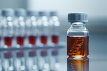 Poster - A glass vial with swirling liquid in focus, surrounded by other vials in a lab
