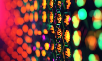 Poster - Colorful hexagonal lights display, vibrant patterns, glowing orbs, abstract design
