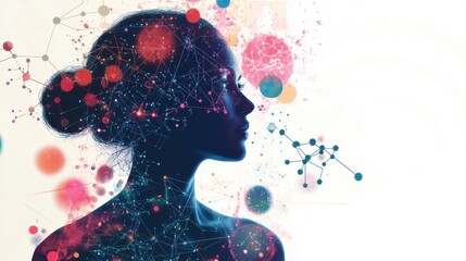 Poster - A human silhouette surrounded by colorful molecules and diagrams representing various scientific concepts and ideas in an artistic way. Generative AI