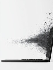 Leinwandbilder - A sleek laptop emits pixel-like elements, dispersing into digital particles against a simple background, evoking a sense of creativity. Generative AI