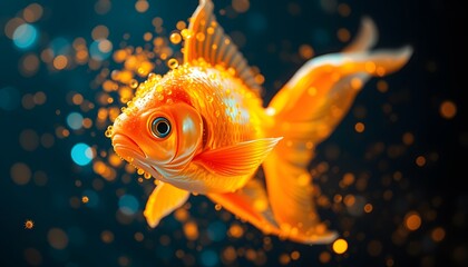 Poster - A Captivating Visual of a Vigorous Gold Fish Dissolving into Particles with Glowing Effects for Artistic and Creative Projects