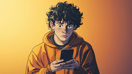 Landscape aspect illustration of a tired teenaged boy or young man with his phone, looking worried and serious, with copy space for text. Aspect ratio 16:9