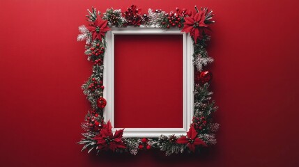 Aufkleber - A white frame with red flowers and berries sits on a red background