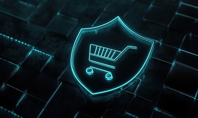 Poster - E-commerce security shield with shopping cart icon, glowing neon design