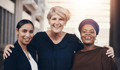 Aufkleber - Happy, portrait and business women with hug for teamwork, inclusion or company growth in city. Female people, group or diversity with smile in confidence for career support, trust or unity in town