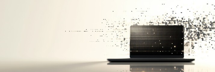 Fototapete - The laptop displays a captivating effect of pixels dispersing from its screen, illustrating a theme of digital innovation and creativity. Generative AI
