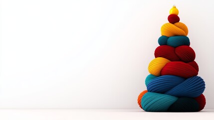 Poster - colorful christmas tree made of yarn is displayed on a white background. the tree is made up of many