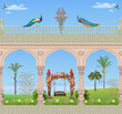 © Muhammad - Beautiful Arch Chinoiseries peacock, Parrot, Birds Palace garden royal Wallpaper. moroccan decorative garden with river, floral swing and mountain used for wallpaper vector file.