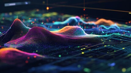 Aufkleber - A colorful, abstract image of a landscape with mountains and hills