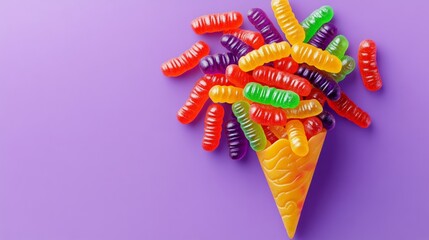 Poster - Cone filled with colorful gummy bears. The cone is yellow and the gummy bears are in various colors