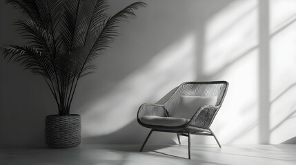 Wall Mural - 
Relaxing chair with plant - Monochrome minimal theme - 3D render