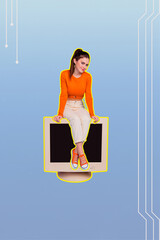 Aufkleber - 3D collage poster template trend artwork sketch of silhouette young lady student sit obsolete computer monitor smile graphics device