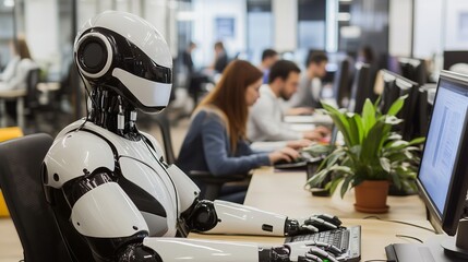 Poster - Humanoid robot working at computer in modern office with employees working in background