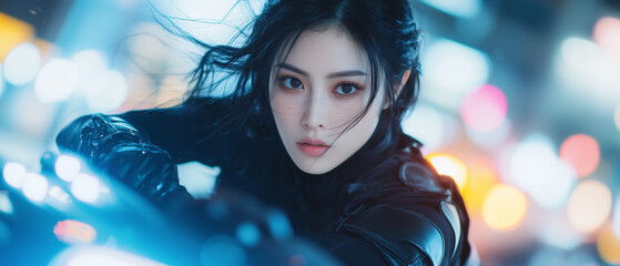 Poster - woman in futuristic outfit gazes intensely against vibrant cityscape backdrop, with blurred lights creating dynamic atmosphere
