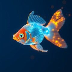 Poster - A Vigorously Colorful Goldfish Dissolving into Glowing Particles Creating a Stunning Visual Effect for Artistic Projects