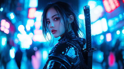 Poster - woman in futuristic attire stands confidently in neon lit urban setting, holding katana. vibrant blue and pink lights create cyberpunk atmosphere, enhancing scene intensity