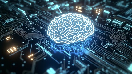Aufkleber - Glowing brain hologram floating over circuit board symbolizing artificial intelligence