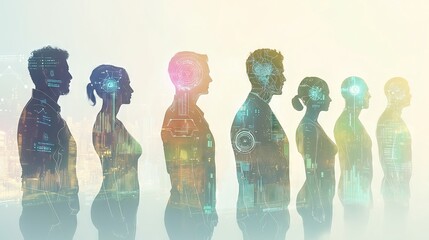 Poster - Businesspeople silhouettes and circuit board with glowing graphs