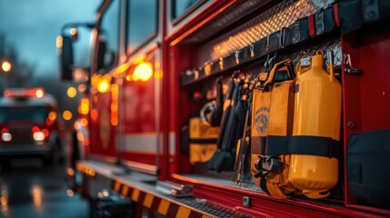 Naklejka na meble A portable ladder and emergency tools used by firefighters are arranged inside a fire truck.