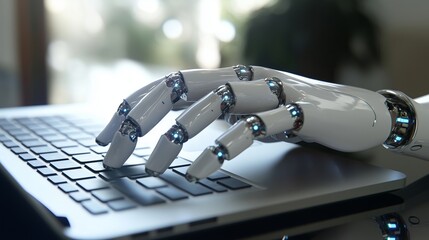 Poster - Robot hand typing on laptop keyboard, artificial intelligence and automation
