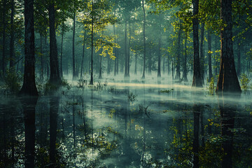 Canvas Print - Misty forest landscape with reflective water at dawn