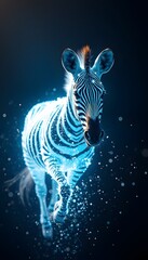 Poster - A vibrant scene of a vigorous zebra dissolving into glowing particles, perfect for illustrating transformation and visual effects in creative projects.