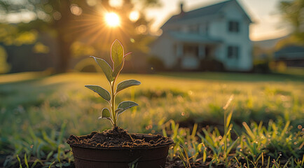 Poster - A field of grass with a low dirt empty pot, bright sunlight, a house in the background.