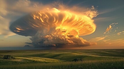 Poster - An epic cloud formation over green fields, during sunset.