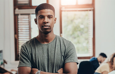 Poster - Student, school and portrait of man in classroom at university for education, learning and knowledge. Crossed arms, academy and person on campus for scholarship, lesson and studying at college