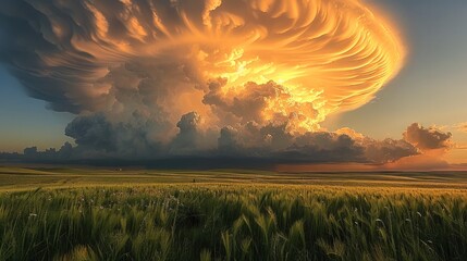 Poster - An epic cloud formation over green fields, during sunset.