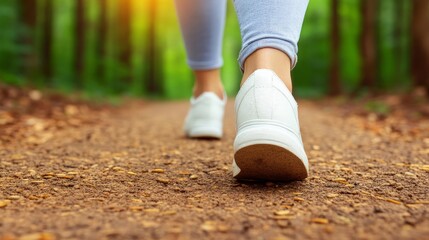 footprints on the path: a close-up perspective of a woman's feet walking on a dirt trail through a l