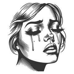 Wall Mural - crying woman with tears and smudged mascara streaming down her face, deep sadness and emotion sketch engraving generative ai vector illustration. Scratch board imitation. Black and white image.