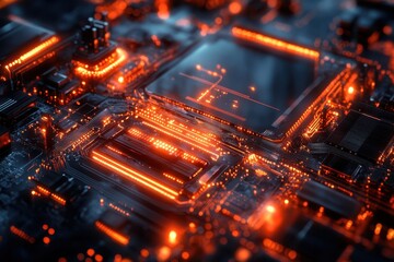 Poster - Intricate close-up view of a glowing circuit board showcasing advanced technology at night