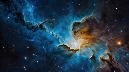 Wall Mural - cosmic nebula swirling blue & orange galaxy sky, twinkling stars on night light. mystery & wonder of