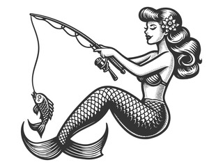 Wall Mural - mermaid holding a fishing rod, reeling in a fish. Pin-up style design with classic details sketch engraving generative ai vector illustration. Scratch board imitation. Black and white image.