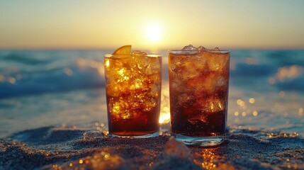 Cool, refreshing drinks in glasses on the sandy beach at sunset, with the sun golden rays highlighting the vibrant colors and setting a peaceful, tranquil mood.