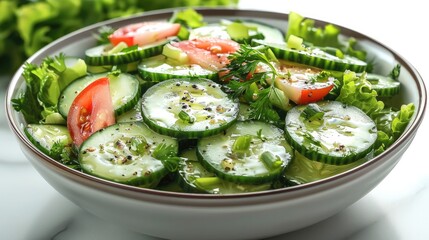 Poster - Cucumber salad on white background, food presentations and health-related content.