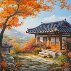 Wall Mural - korean garden in autumn, Autumn Hanok scene, traditional Korean house