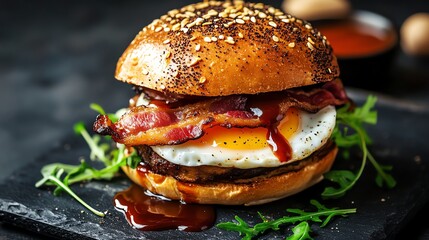 Wall Mural - A close up of a burger with a fried egg, bacon, and barbeque sauce.