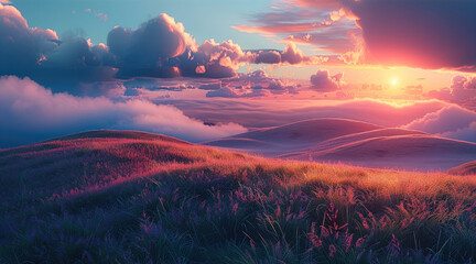 Poster - A field with grass hills at a magical forest, evening with a pink and blue sky.