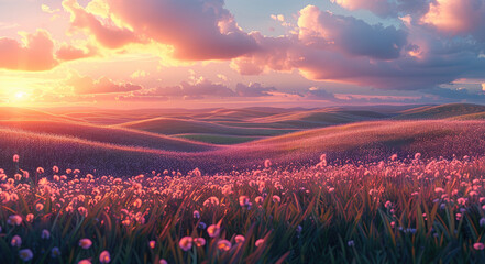 Poster - A field with grass hills at a magical forest, evening with a pink and blue sky.